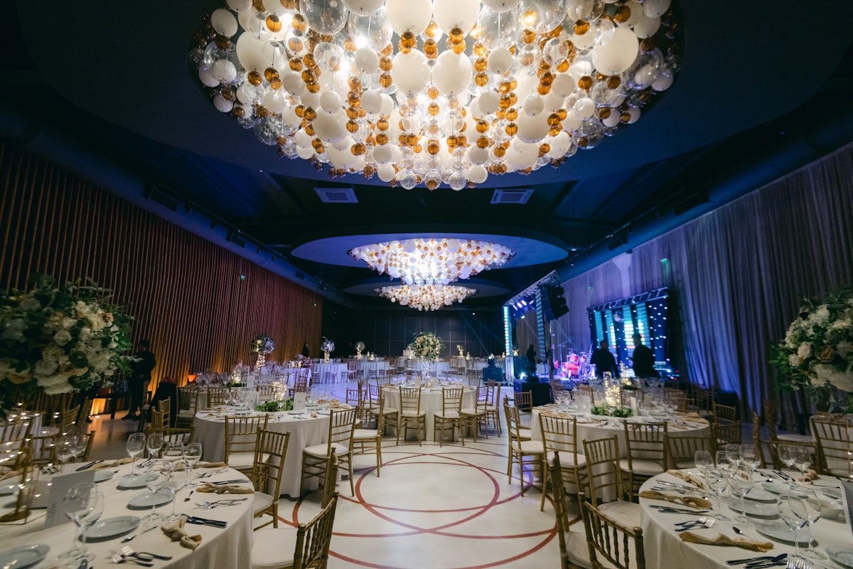 An elegant event venue prepared for a reception
